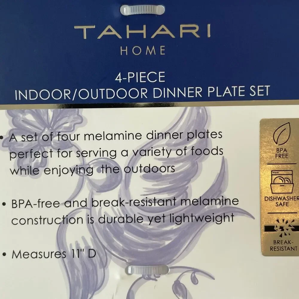 TAHARI Dove Bird of Peace Melamine Dinner Plates 11in  Set of 4 Blue & White NEW